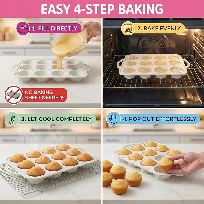BAKE BOSS 2-Pack Silicone Muffin Pan for Baking with Metal Reinforced Frame -12 Cup Regular Size Cupcake Pan, BPA Free Silicone Muffin Tray - Cupcake Baking Pan Molds for Oven & Dishwasher Safe