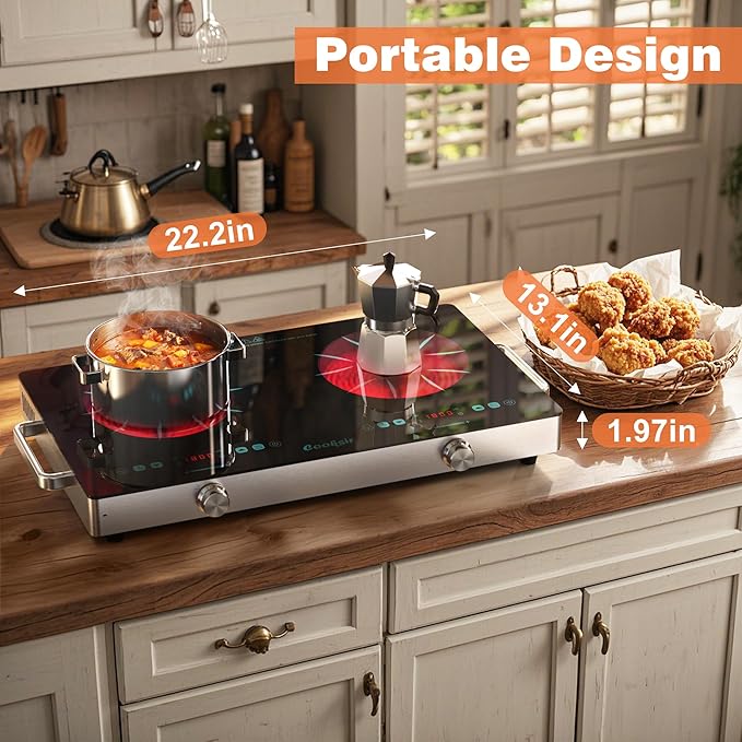 2 Burner Electric Cooktop - 24 Inch Portable Electric Stovetop 110V, 2000W Countertop Tow Burner Ceramic Cooktop with LCD Control Panel, Child Lock, Timer, Knob Control with Plug (Green)