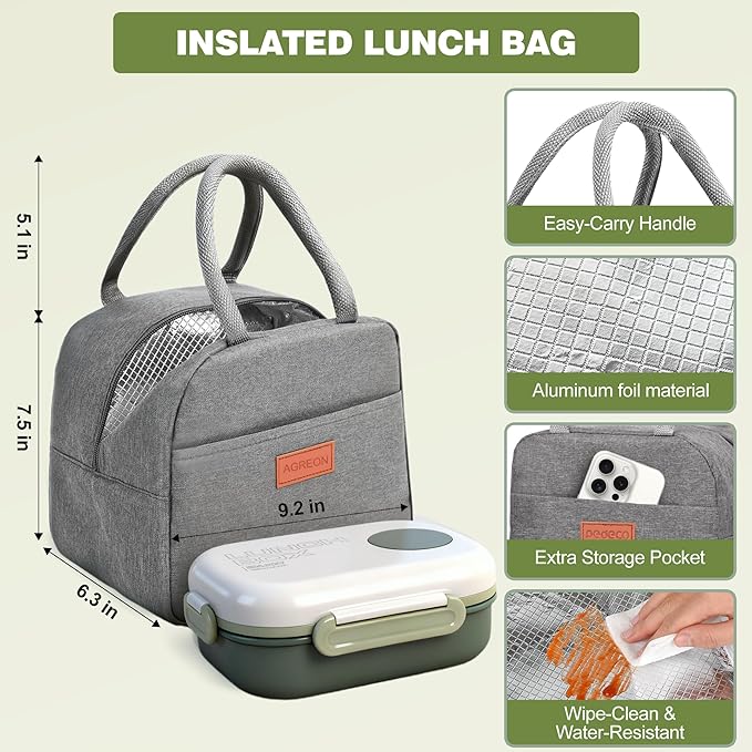 Lunch Bento Box Set - 3 Compartment Containers for Kids and Adults,lunch box for women with Thermo Lunch Bag, Leak-Proof and BPA-Free - Built-in Utensil Set,Sauce - Dishwasher Safe-Green