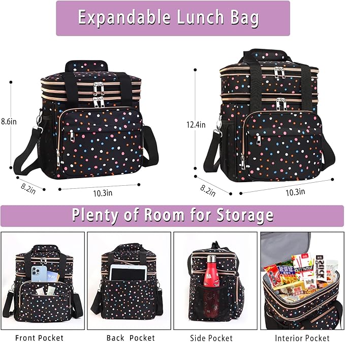 GLENKEY Versatile Lunch Box Cooler Bag - Expandable Insulated Lunch Bag Tote for Women - Large Lunchbox for Adults Work Office Outside Trips Polka Dots 16L