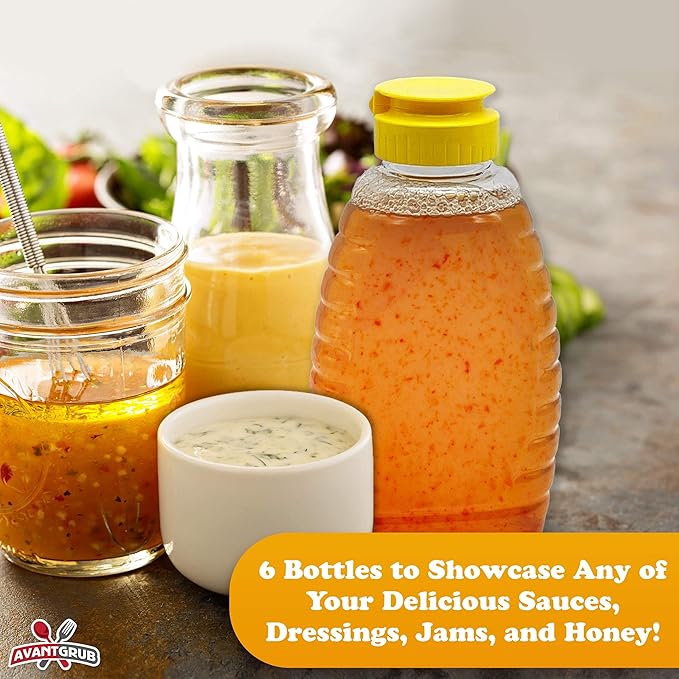 Easy-Squeeze 6 Pk 12 Oz Empty Honey Bottles. BPA-Free Food-Safe PET Plastic Honey Dispenser. Flip-Top Refillable Syrup Container. Great for Storing and Serving BBQ, Pasta Sauces or Salad Dressings.