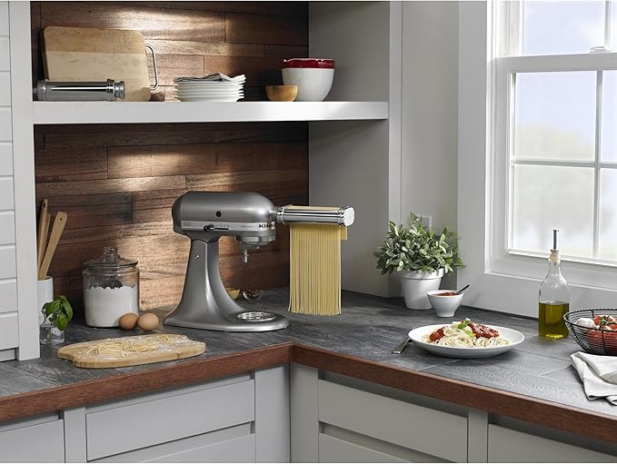 KitchenAid® 7 Quart Bowl-Lift Stand Mixer, Cast Iron Black & KSMPDX Pasta Deluxe Set Stand Mixer Attachment, 5 Piece, Stainless Steel