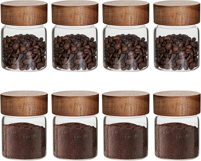 4 oz Glass Spice Mason Jars with Screw Wood Lid 8 pcs Airtight Small Glass Jars Seasoning Herb Containers Food Storage Canister for Sugar Coffee Bean Ground Pantry Cookies Salt (4oz(118ml)*8 pack)