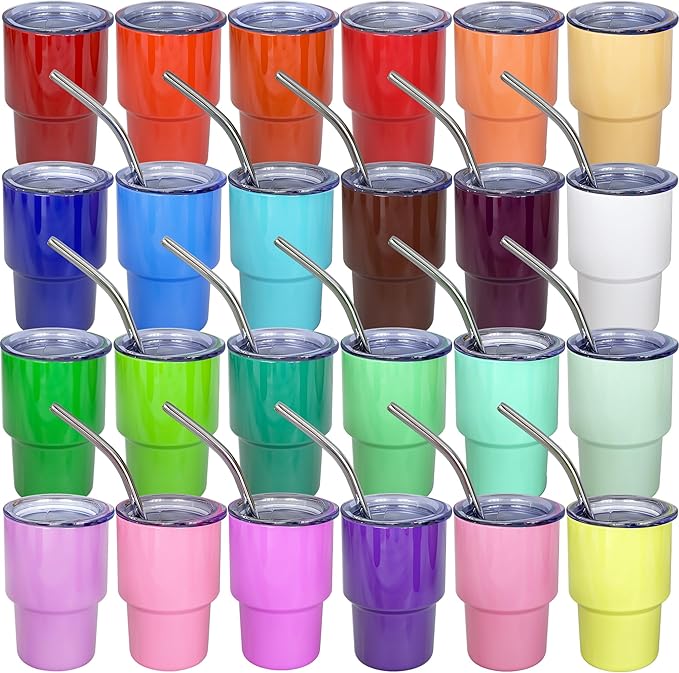 3oz Mini Tumbler Shot Glass with Straw and Lid, 24 Pack Stainless Steel Sublimation Shot Glasses for Wedding Party Whiskey Cocktail Bar with Straw and Lid