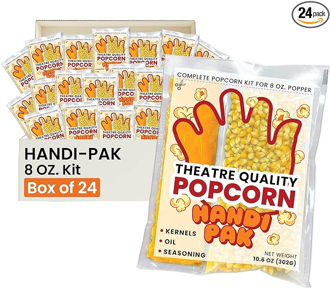 Handi-Pak Gourmet Popcorn Kit, 24 Pre-Portioned Packs for 8 oz Poppers, Popcorn Machine, Movie Theater Style, Butter Coconut Oil, Packet with Kernels & Seasoning