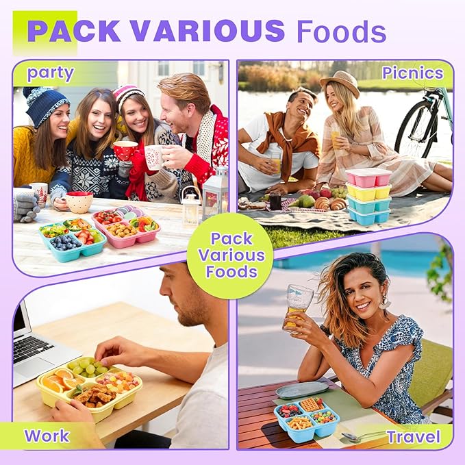4 Pack Snack Containers Bento Box Adult Lunch Box,Meal Prep Container, Reusable Food Storage lunch Containers Stackable for Work, Travel and Gym (Pink, Blue, Green, Yellow)