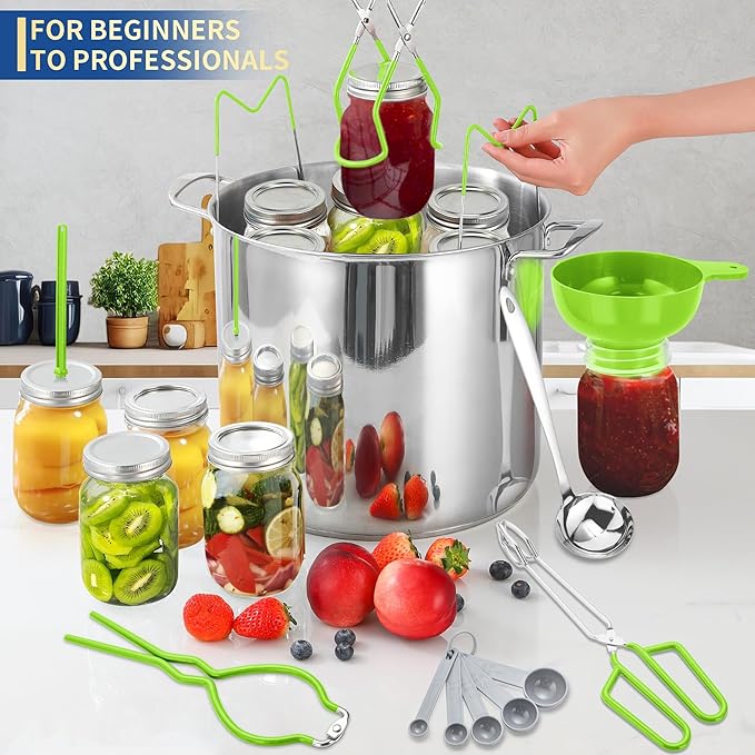 Canning Supplies Starter Kit,Canning Kit for Beginners of 9 with Jar Lifter，Wide Mouth Funnel,Wrench,Tongs,Lid Lifter,Bubble Popper,Canning Labels,ladle,Measuring spoon-Neon Green