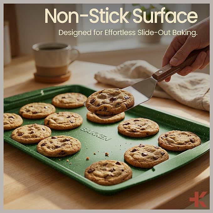 BAKKEN Kitchen Baking Pan Set - Nonstick Green Marble Coating, Commercial Grade Carbon Steel Bakeware Sets, Baking Kitchen Essentials, PFOA, PFOS, PTFE Free, Oven Safe Tray (Up To 450° F), Set of 3