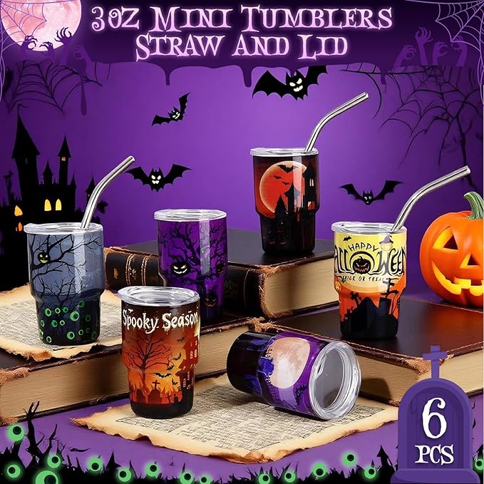 6 Pack 3 oz Halloween Shot Glasses Mini Tumblers with Straw and Lid,Pumpkin Ghost Skulls Tombstone Halloween Party Spooky Shot Glass Stainless Steel Vacuum Insulated Mini Cup for Cocktail Party