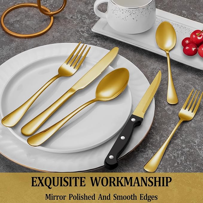 36 Pcs Gold Silverware Set with Steak Knives, Stainless Steel Flatware Cutlery Set Service for 6, Kitchen Tableware Sets, Utensil Sets for Home and Restaurant, Knives Forks Spoon, Dishwasher Safe