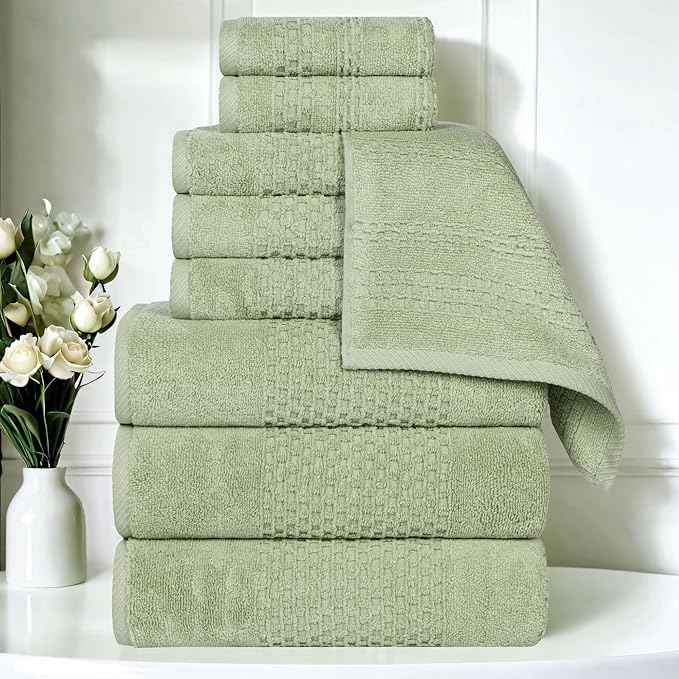 Superior Playa Zero Twist Cotton Medium Weight Towels, for Guest Bath, Bathroom, Shower, Spa, Plush, Quick Dry, Ultra-Soft Towels, Bath Essentials, Waffle Textured, 9 Piece Assorted Towel Set, Green