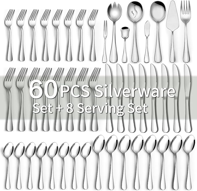 68 Pieces Silverware Set with Serving Utensils Set, CEKEE Stainless Steel Flatware Set for 12, Heavy Duty Cutlery Set, Kitchen Utensil Sets for Home Restaurant, Mirror Finish, Dishwasher Safe