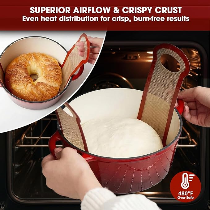 Sourdough Silicone Bread Sling for Dutch Oven, 2PCS Non-Stick Reusable Baking Mat with Long Handles, Essentials Bread Making Supplies for Dough Transfer and Loaf Pan Lifter Liner, Set 2Pcs Round
