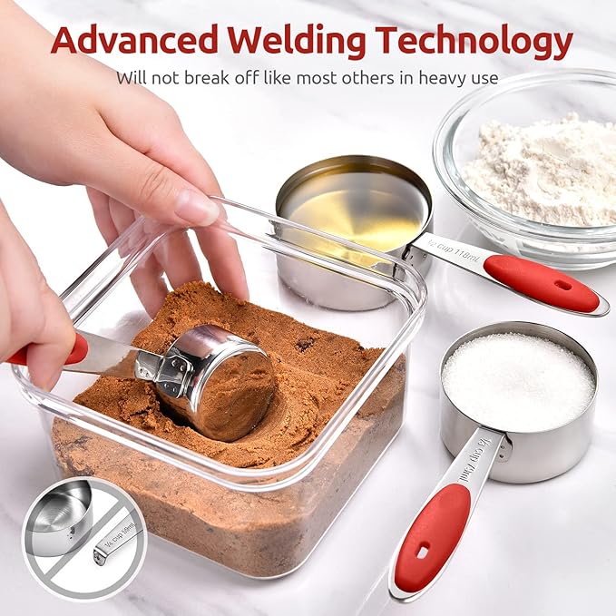 Measuring Cups and Spoons Set: U-Taste 18/8 Stainless Steel 10 Pieces Metal Stacking Kitchen Baking Cooking Food Measure Set 5 Cups 5 Spoons with Strengthened Weld Joints (Red Upgraded Version)