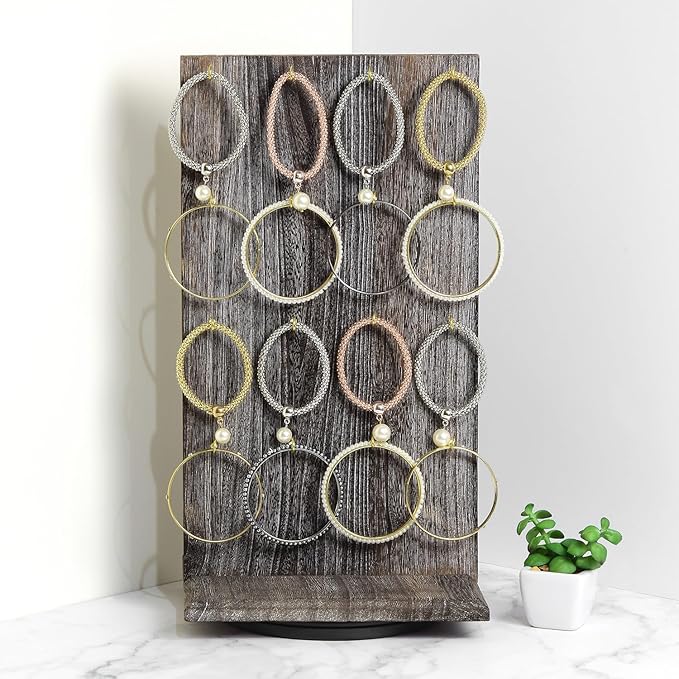 Ikee Design Wooden Rotating Two-Sided Jewelry Display Stand, Rotating Organizer with 32 Hooks for Store, Earring Keychain Display with Hooks, Coffee color, 9 W x 7.5 D x 16.5 H in
