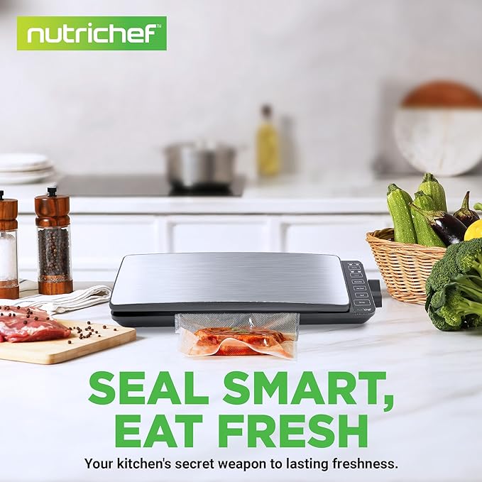 NutriChef Automatic Food Vacuum Sealer Machine - Electric Air Sealing Preserver with 5 Reusable Bags, LED Controls, High-Power Suction, for Dry & Moist Foods, Stainless Steel Housing