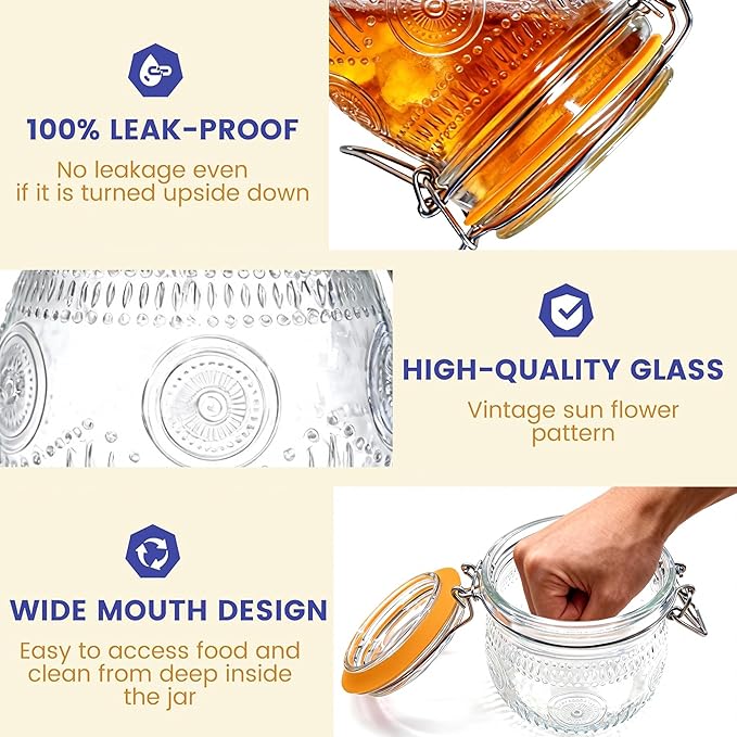 Amzcku Wide Mouth Vintage Mason Jars with Airtight Lid 16oz, Canister Quart Jars for Kitchen Storage - for Coffee, Sugar, Beans 6 Pack