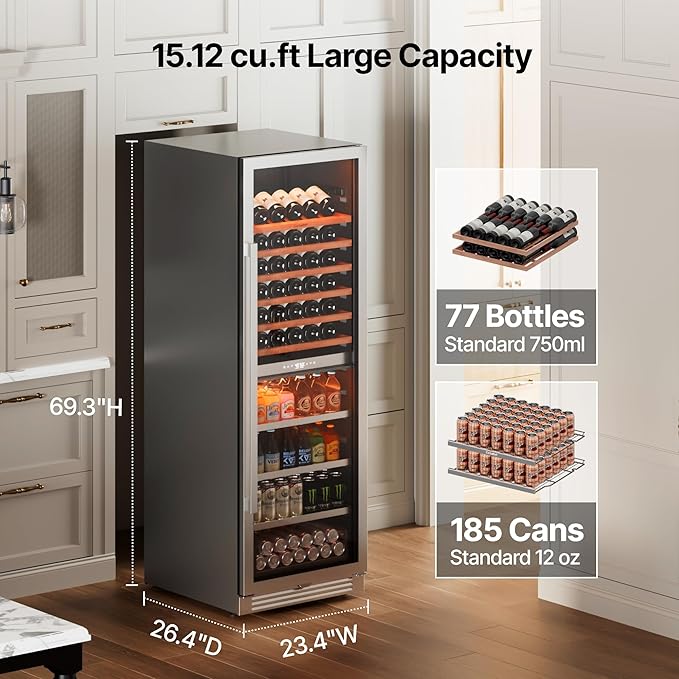 Ca'Lefort 24 Inch Wine & Beverage Refrigerator - 185 Can + 77 Bottle Dual Zone 34-65°F Cooler, 10 Adjustable Shelves & 3 LED Lights, Energy Star Certified Built-in/Freestanding for Home/Bar/Kitchen