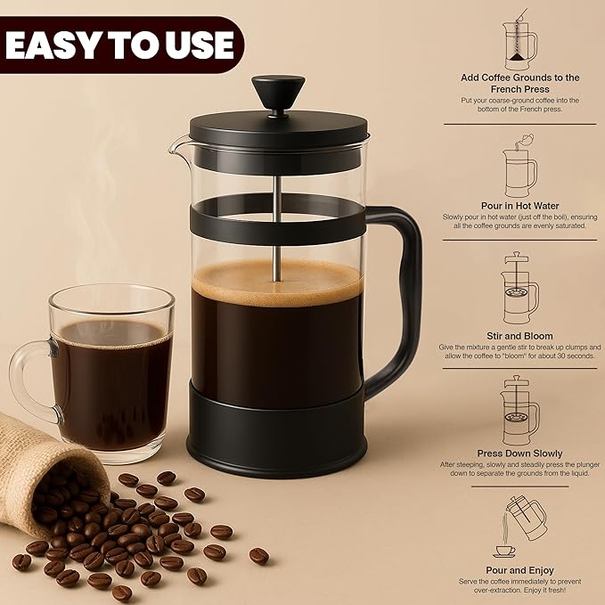 Utopia Kitchen Borosilicate Glass French Press Coffee Maker 21 Oz, Heat-Resistant Cafetiere & Tea Maker, Thickened Glass Coffee Press for Travel and Camping, Black