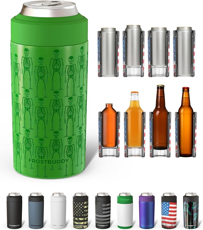 Frost Buddy Universal Can Cooler - Fits all - Stainless Steel Can Cooler for 12 oz & 16 oz Regular or Slim Cans & Bottles - Stainless Steel (Shake My Bones)