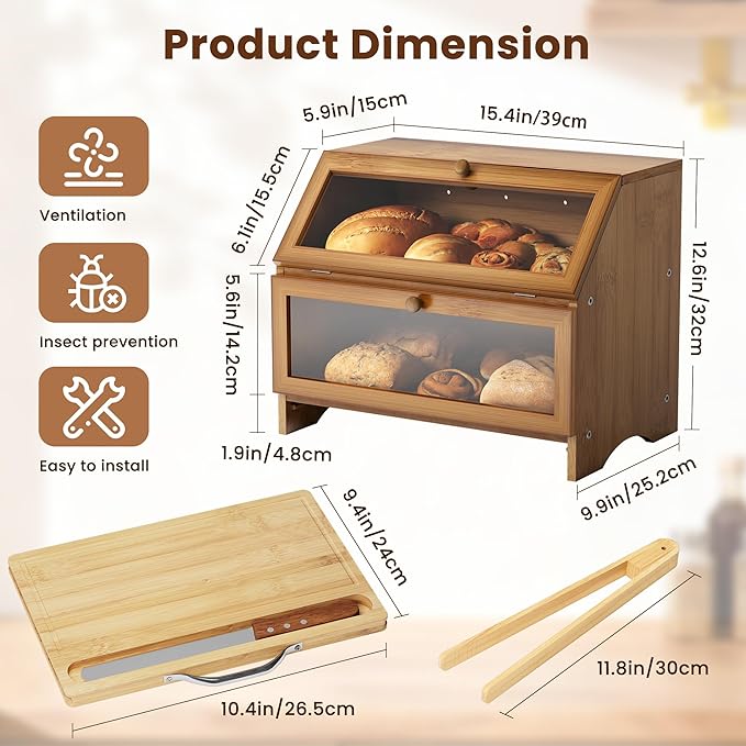 MAISONPEX Double Layer Bamboo Bread Box for Kitchen Countertop, Large Capacity, Cutting Board, Stainless Steel Bread Knife, Double Layer Storage Container with Clear Windows, Walnut
