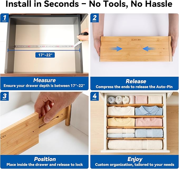 4 Pack Deep Drawer Dividers, 6" High Bamboo Expandable Drawer Organizers, 17-22" Adjustable Tension Separators, Large Drawer Dividers for Kitchen, Bedroom Dresser, Baby Nursery & Bathroom
