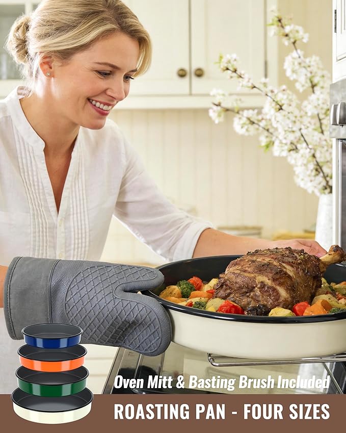 Enamel Round Roasting Pans Set Baking Dish 4-Pack 9/10/12/14 Inch NonStick High Temperature Resistance Cookware for Cake Bread Pizza, Oven Dishwasher Safe Wife Mother Day Gift Bakeware