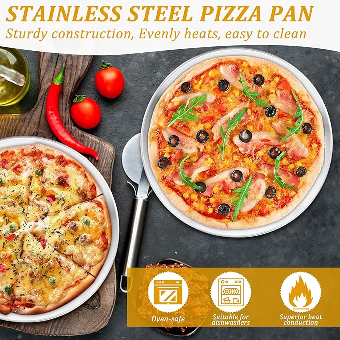 12 Pcs Pizza Pan Riser Stands Sets Includes 4 Metal Pizza Table Stands 4 Pizza Pan(11.8in) and 4 Wood Handle Pie Server, Pizza Rack Stand Pizza Tray for Pizza Dessert Cheese (Silver)