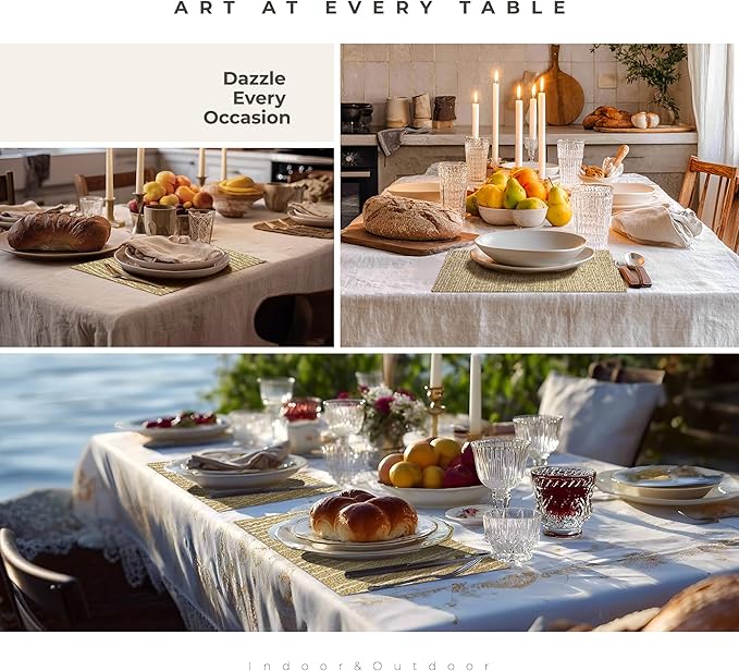 Leetaltree Gold Placemats Set of 4 - Heat Resistant Non-Slip Place mats for Dining Table, Washable Durable PVC Vinyl Woven Table Mats(Luxury Gold, 4)