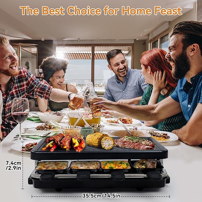Electric Raclette Grill & Korean BBQ - 8 Non-Stick Cheese Trays, 1300W with Temperature Control, Dishwasher-Safe Indoor Grill for Family Gatherings & Interactive Dinner Parties