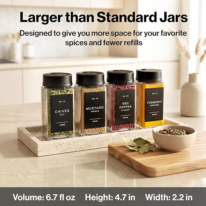 EDELHAUS Large Glass Spice Jars with Label and Black Rotating Lids (12 x 6.7 fl oz) Spice Containers with 160 Labels, Shaker Inserts, Funnel, Empty Square Containers [4.7 in × 2.2 in]