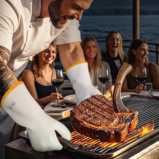 DEYAN Silicone BBQ Gloves - 600°F Heat Resistant Oven Mitts for Grilling, Smoking & Baking - Waterproof, Oil Proof Non-Slip Kitchen Gloves for Cooking, Frying, BBQ Accessories(White, 8/M)