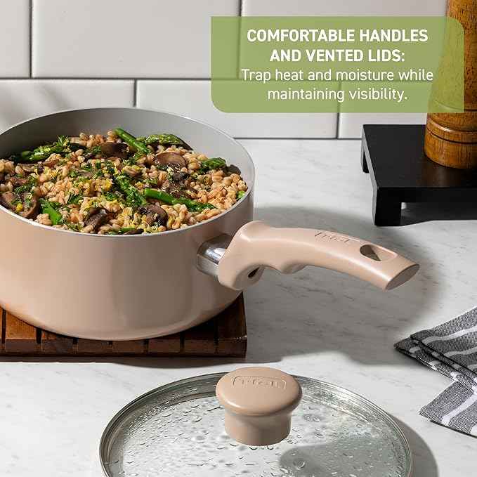 T-Fal Refresh Ceramic Pots and Pans Set, Nonstick Cookware, 20-Piece, Oven Safe to 350°F, Ceramic Cookware Set, Stockpot, Griddle, Frying Pans, Utensils, Dusty Rose