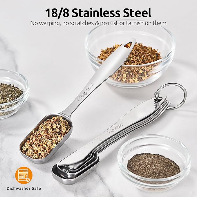 U-Taste 18/8 Stainless Steel Measuring Cups and Spoons Set of 10, and 18/8 Stainless Steel Square Measuring Spoons Set of 8 (Midnight Blue+Silver)
