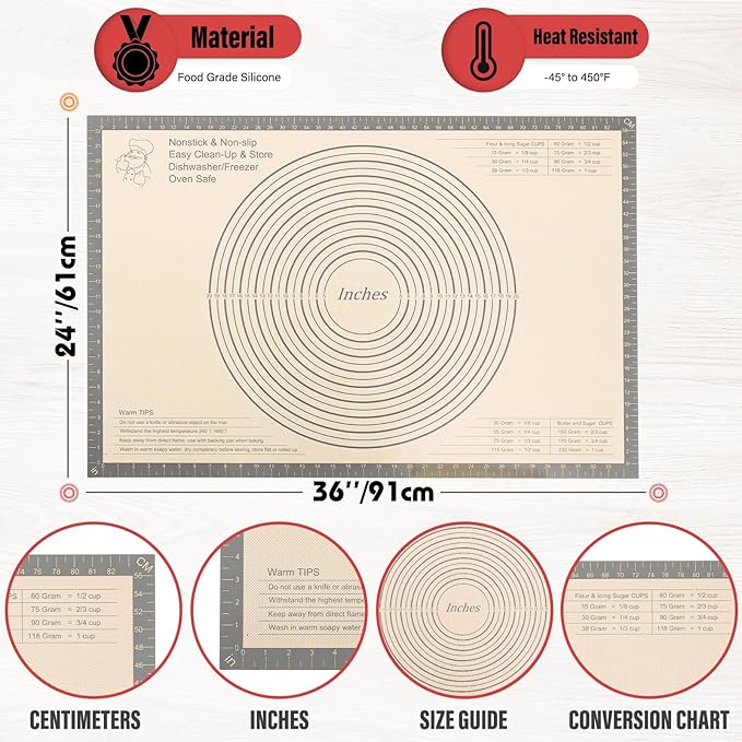 Silicone Pastry Mat 36x24 Inch Extra Large Baking Mat, Nonstick Kitchen Counter Kneading Board, Perfect for Dough, Pastry, Dough Rolling, Fondant, Pie Crust, Fondant, Cookies, Bread, Pasta, Pizza