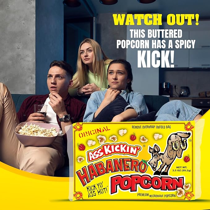 ASS KICKIN' Habanero Microwave Popcorn Bags - 6 Pack - Ultimate Spicy Popcorn Gourmet Gift - Makes a Great Movie Theater Popcorn or Snack Food for Movie Night