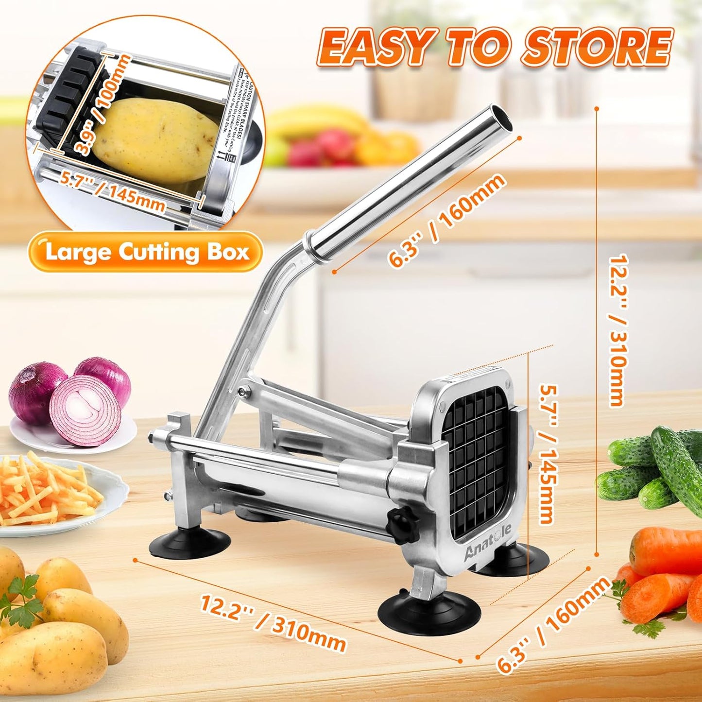 Anatole Professional French Fry Cutter Stainless Steel with 3/8'' 1/2'' Blades Manual Potato Slicer Veggie Chopper Homestyle Dicer for Onions Carrots Cucumbers