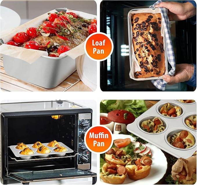 TeamFar Stainless Steel Bakeware Sets, Baking Sheet with Rack, Toaster Oven Pan & Pizza Pan, Lasagna Pan with Lids, Square & Round Cake Pan with Lids, Muffin & Loaf Pan, Healthy