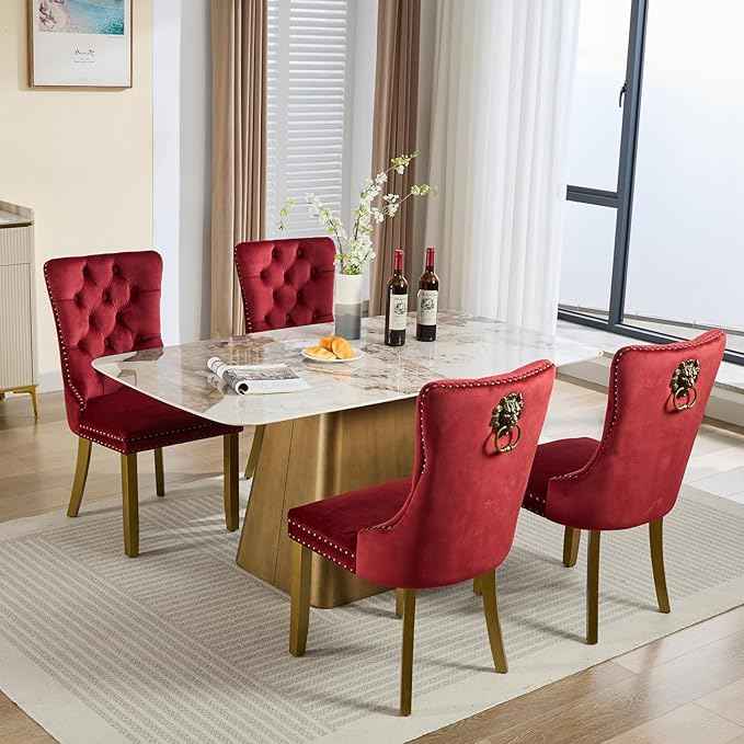 Velvet Dining Chairs Set of 6, Modern Tufted Dining Room Chair, Upholstered Dining Chairs with Lion Head Pulls Ring and Golden Solid Wood Legs, Luxury Kitchen Chairs for Dining Room, Burgundy