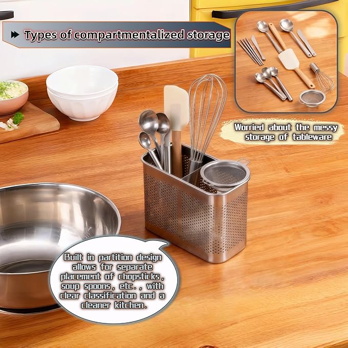 304 Stainless Steel Utensil Drainer, 2-Tier Silverware Drying Rack with Hooks, Anti-Rust Kitchen Sink Organizer & Cutlery Holder for Dishwasher, Countertop Space-Saving Storage, Brushed Finish