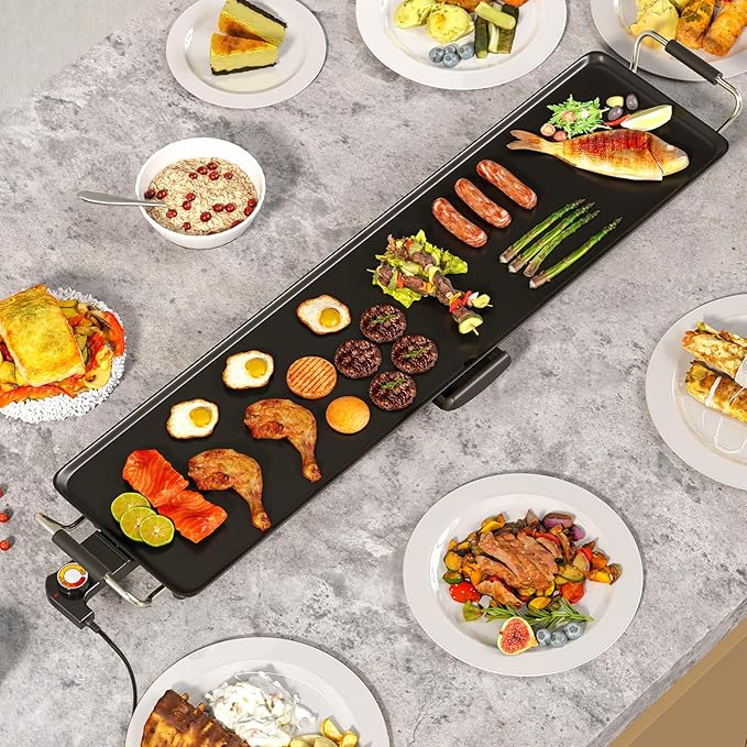 LDAILY Extra Large Nonstick Electric Griddle, Teppanyaki Grill BBQ W/ 4 Adjustable Temperature, Even Heating & Handles, Long Table Top Pancake Griddle Grill for Indoor & Outdoor Party, Camping（35’’）