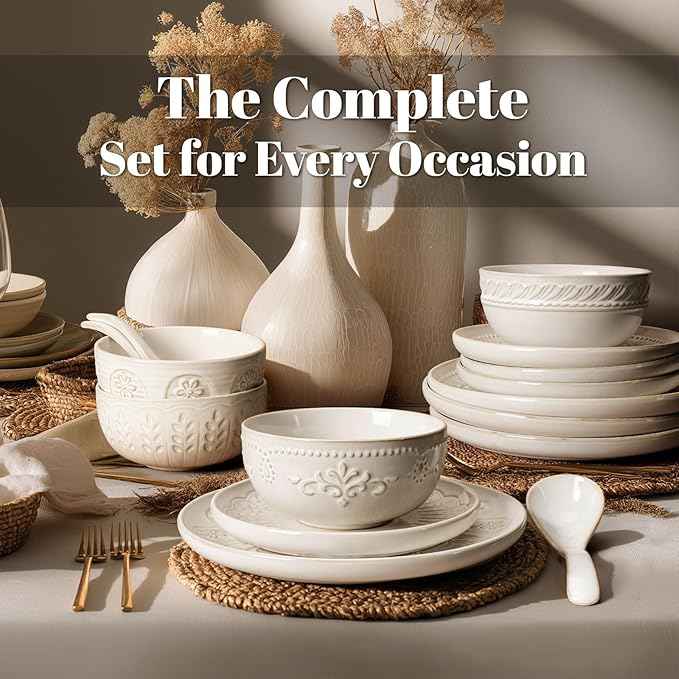 Artena Plates And Bowls Sets, 16 Pieces Dinnerware Sets, Dish Set For 4, Ceramic Kitchen Bowl And Plate Set, Embossed White Dishware Sets, Dishwasher & Microwave Safe (Wheat Leaf)