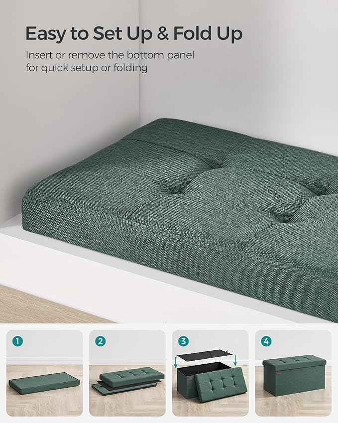 SONGMICS Mazie Collection - 30 Inches Folding Storage Ottoman Bench, Ottoman Foot Rest, End of Bed Bench, Storage Chest, Load 660 lb, for Living Room, Bedroom, Entryway, Retro Green ULSF047C01