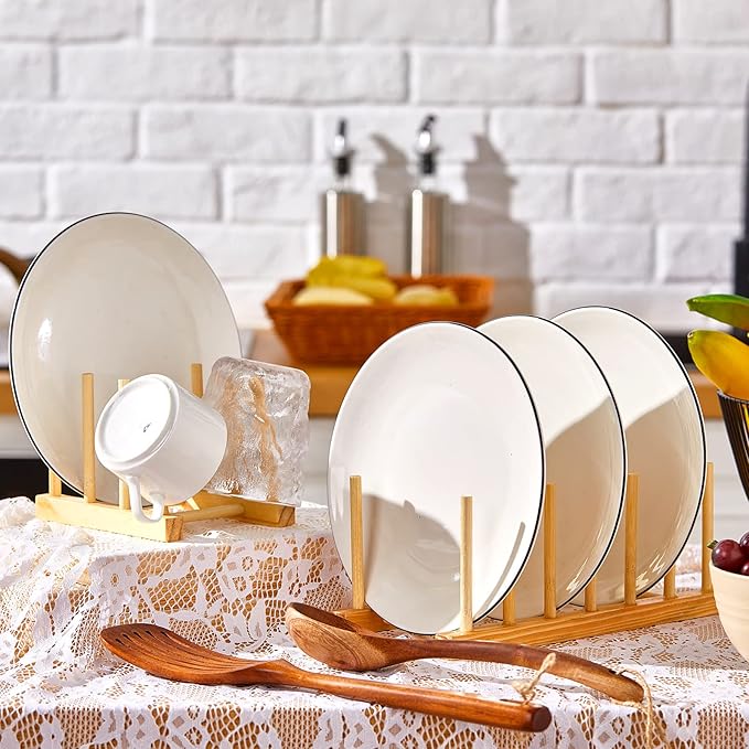 Zopeal 18 Pcs Bamboo Wooden Plate Racks Dish Rack Stand Holder 3/6/ 7 Slots Drainboard Drying Drainer Kitchen Cabinet Organizer for Dish Plate Bowl Cup Pot Lid Book
