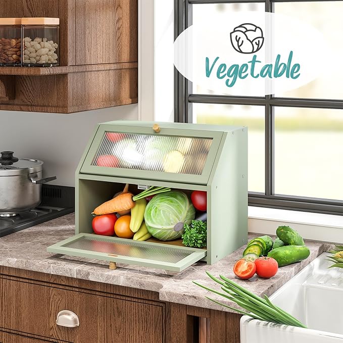 Green Bread Box for Kitchen Counter, Large Bamboo Wood Double Layer Bread Box, Wooden Bread Storage Capacity