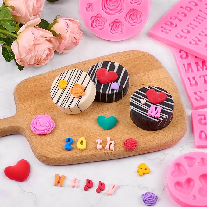 5 PCS Silicone Letter Molds, Non-Stick Number Heart Rose Flower Fondant Molds for Chocolate, Candy, Cake Decoration, Cupcake Topper