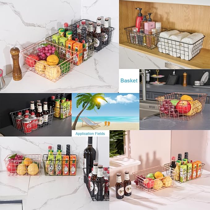 Wire Kitchen Storage Basket 5 Packs,Perfect Pantry Organization Accessories Baskets,Laundry Basket,Countertop Organization,Suitable for Kitchen,Bathroom,Bedroom,Tabletop,Rose gold