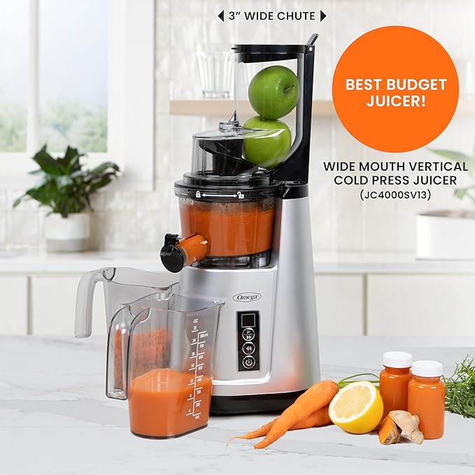 Omega Wide Mouth Juicer Compact Vertical Cold Press Vegetable and Fruit Juice Extractor with 3-Inch Hopper 2-Speed Slow Juicing with Space Saving Design, 120-Watts, Black