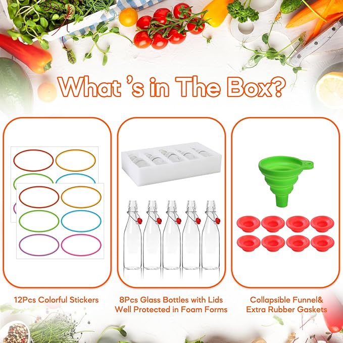 AuroTrends Swing Top Glass Bottles 16 oz 8Pack, Kombucha Bottles-Flip Top Glass Bottles with Lids, Vanilla Extract Bottles (16fl.oz/ 8Pack)