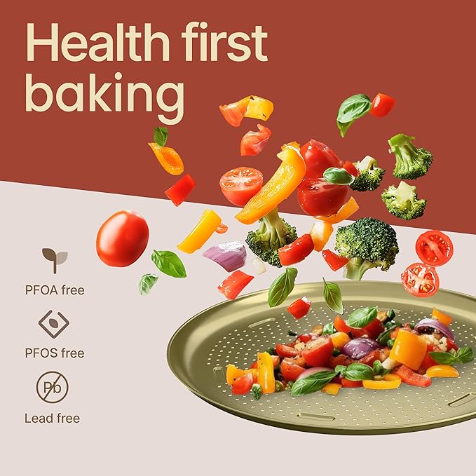 Bakken 16 Inch Non-Stick Pizza Pan 2 Pack, Round Carbon Steel Pizza Tray with Perforated Holes, PFOA, PFOS, & PTFE-Free, Dishwasher & Oven Safe Up To 450°F, Durable Nonstick Coating, Gold